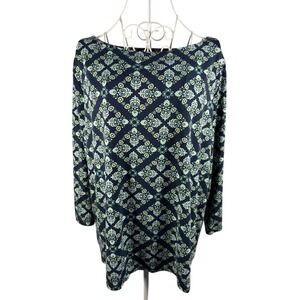 Ann Taylor Top Womens XL Navy Blue‎ Floral Medallion Boat Neck 3/4 Sleeve Blouse